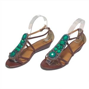 Kelsi Dagger low wedge sandals brown leather jeweled detail size 5 M